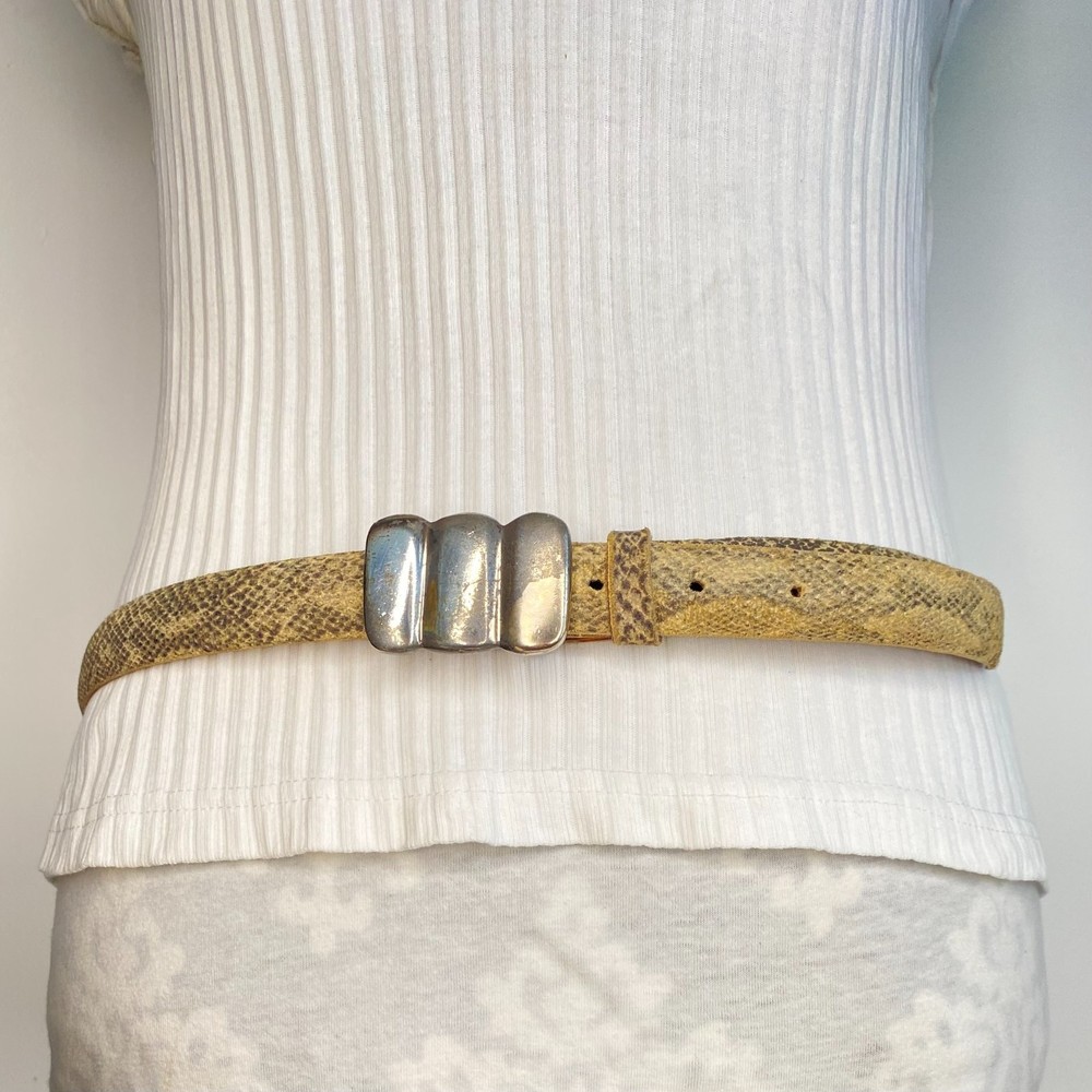 💎Elaine Conye Belt Beige Gray Snakeskin Leather Distressed Plate Pin Buckle 1X